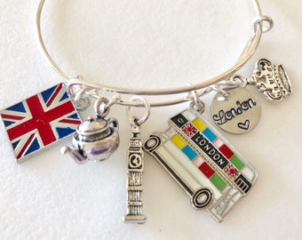 London Charm Bangle, London Charm Bracelet, Union Jack, Double Decker Bus, Big Ben, Tea Charms, Love London, Bracciale d'argento regolabile