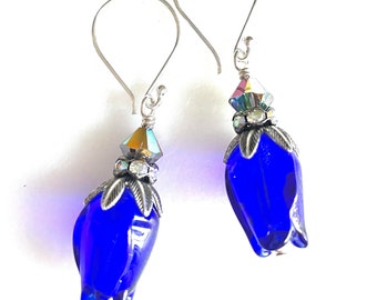 Blue Tulip Earrings, Cobalt Blue Lampwork Tulips, Artisan Handmade Lampwork, Spring Flowers, Bridal, Sterling Silver