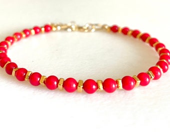 Armband rood koraal, echt rood bamboekoraal, minimalistische armband, sierlijke koraalarmband, goudvermeil, gouden vulling, sterlingzilver