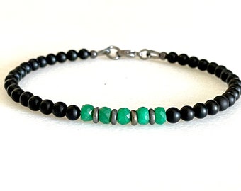 Pulsera de hombre de esmeralda y ónix negro, pulsera con cuentas de piedras preciosas, minimalista, unisex.
