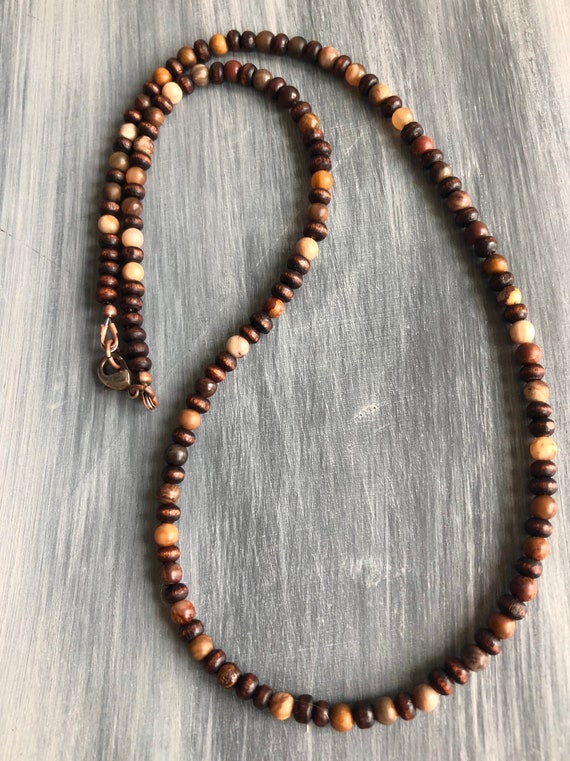 Mens Wood Bead Necklace Surfer Necklace Beaded Wood Choker 