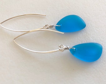 Aqua blue Sea Glass Earrings, Pacific Blue Beach Glass, Cultured Sea Glass Teardrops, Beach Jewelry, Sterling Silver