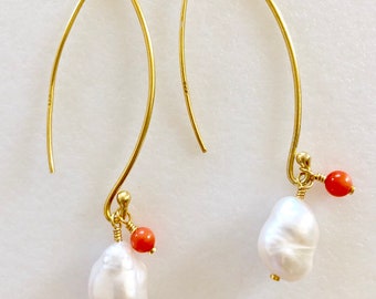Pearl And Coral Earrings, White Baroque Pearl, Freshwater Pearls, Pink Coral, 24 K Gold Vermeil, Bridal, Summer