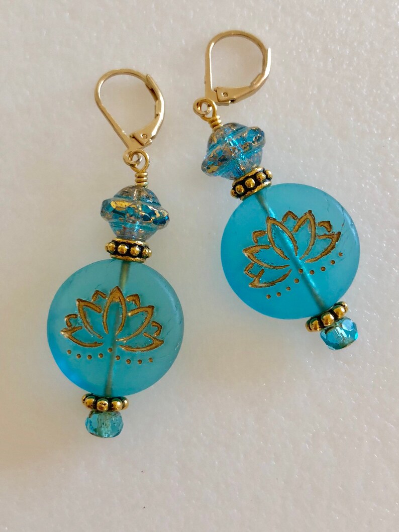 Lotus Blossom Earrings Aqua Blue and Gold Czech Lotus Flower Etsy