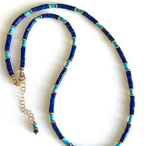 Lapislazuli und Türkis Halskette, Natürlicher Blauer Lapis, Unisex, Zierliche Perlen Edelstein Halskette, 14K Gold Fill, Sterling Silber