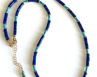 Lapis Lazuli Turquoise Heishi Necklace, 14K Gold Fill