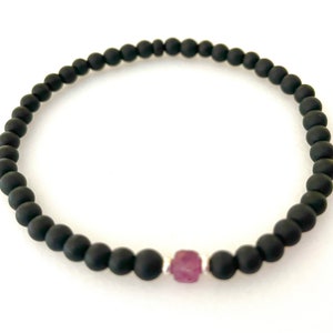 Men’s Ruby Bracelet, Genuine Ruby Gemstone, Matte Black Onyx, Thai Fine Silver, Minimalist Stretch Bracelet, Layering, Unisex