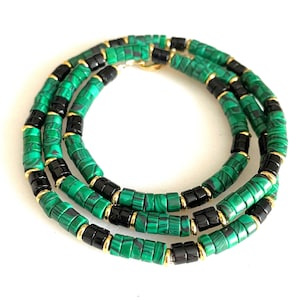 Men’s Malachite and Black Onyx Necklace, Natural Green Malachite, Black Onyx Heishi Beads, Beaded Gemstone Necklace, Gold Fill, Unisex