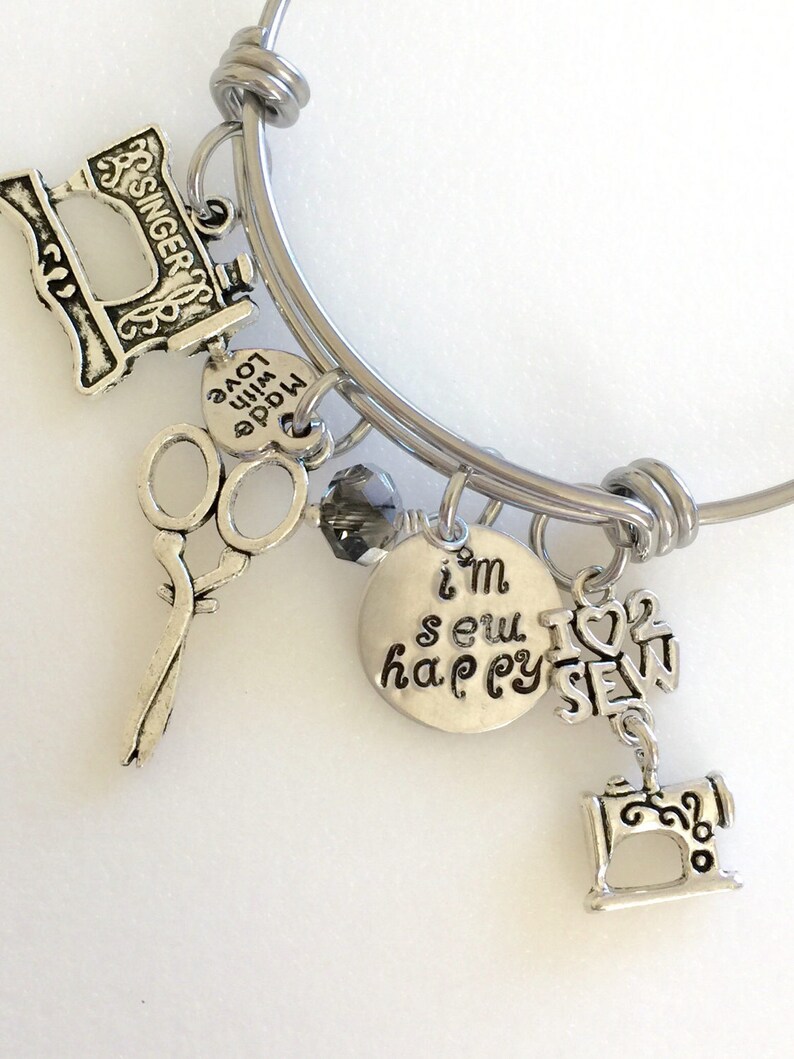 Sewing Bangle, Sewing Charm Bracelet, Love To Sew Bangle, Hand Stamped I'm Sew Happy, Sewing Machine, Sewing Gift, Custom, Stainless Steel image 1