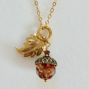 Acorn Gold Leaf Necklace, Golden Topaz Crystal Czech Glass, Picasso Premium Bead, Vintage Bronze Acorn Cap, 18K Gold Leaf Oak Leaf