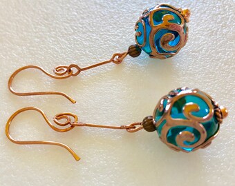 Aquamarine Czech Lampwork Earrings, Handmade Glass Lampwork, Florentine Scroll  Motif, Handmade Copper Ear Wires, Artisan Glass Earrings