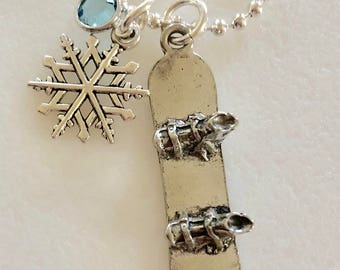 Snowboard Necklace, Large Pewter Snowboard Charm, Snowboarder Gift, Snowboarding Necklace, Swarovski Birthstone, Snowflake, Winter Sports