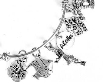 Hawaii Bangle, Hawaiian Pewter Charm Bracelet, Love Hawaii, Aloha Bangle, Hawaiian Vacation, Luau Bangle, Adjustable.