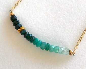 Emerald Necklace, Ombré Emerald Bar Necklace, Natural Gemstones,  Delicate Beaded Bar, May Birthstone, Bridal, Gold Fill, Sterling Silver