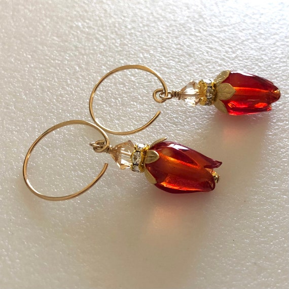 Red Orange Tulip Earrings, Artisan Lampwork Tulips, Handmade