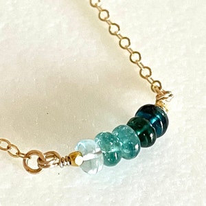 Paraiba Blue Tourmaline Indicolite Necklace, Rare Blue Tourmaline, Petite Ombre Bar Necklace, Gold fill, Sterling Silver, Dainty Necklace.