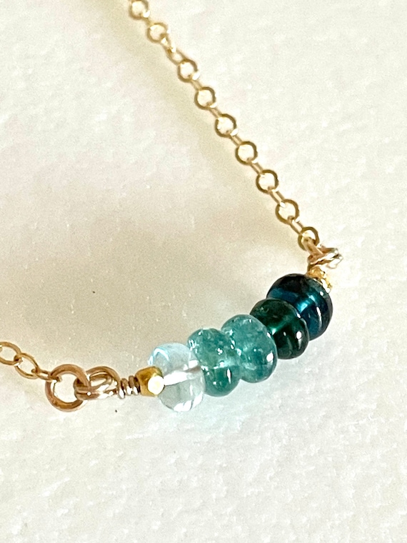 Paraiba Blue Tourmaline Indicolite Necklace, Rare Blue Tourmaline, Petite Ombre Bar Necklace, Gold fill, Sterling Silver, Dainty Necklace.