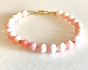 Pink Conch Shell Bracelet, Queen Conch Shell, Natural Sea Shell Bracelet, 6mm Beaded Bracelet, Gold Fill, Sterling Silver.