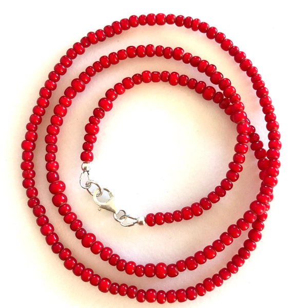 Men’s Red Beaded Necklace, African White Heart Red Glass, Skinny Necklace, Premium Red Glass Beads, Sterling Silver, Unisex