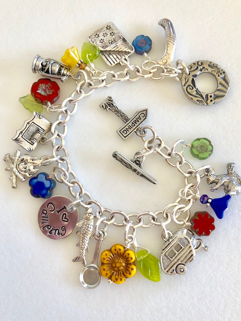 RV I Love Camping Pewter Camping Charm Bracelet Nature Wildflower Bracelet Summer Camp Canoe Outdoor Lover Tent Fishing