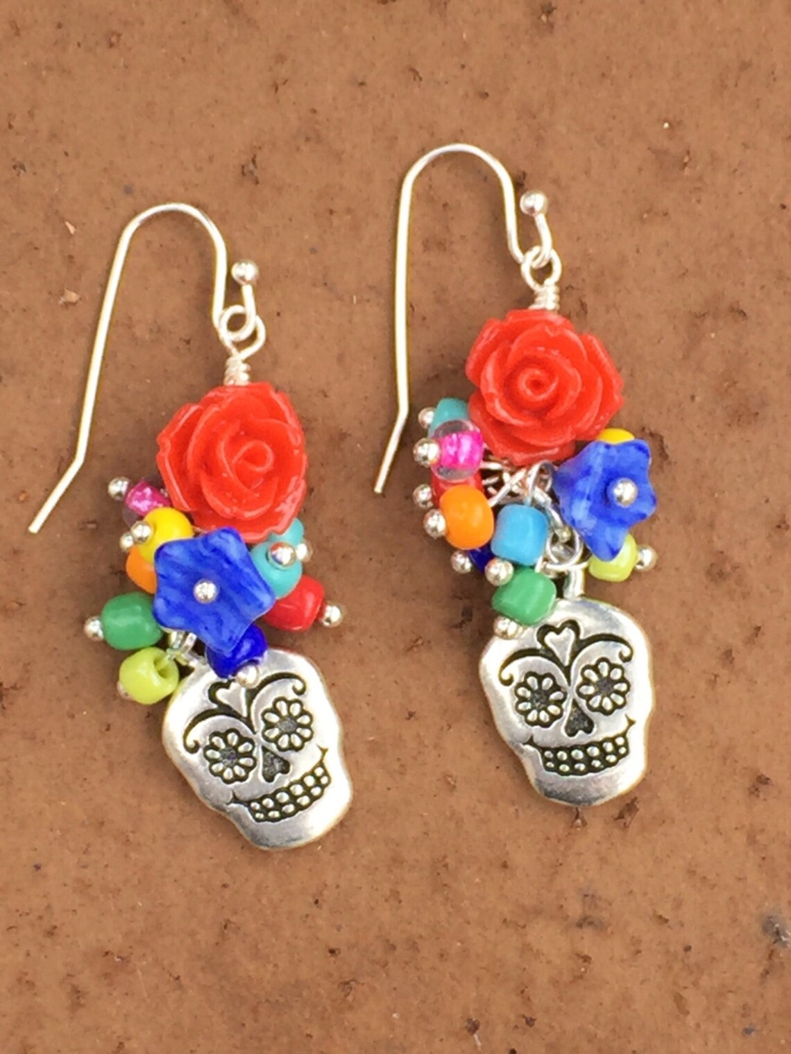 Sugar Skull Dangle Earrings, Sterling Silver Plated, Day of the Dead - Etsy
