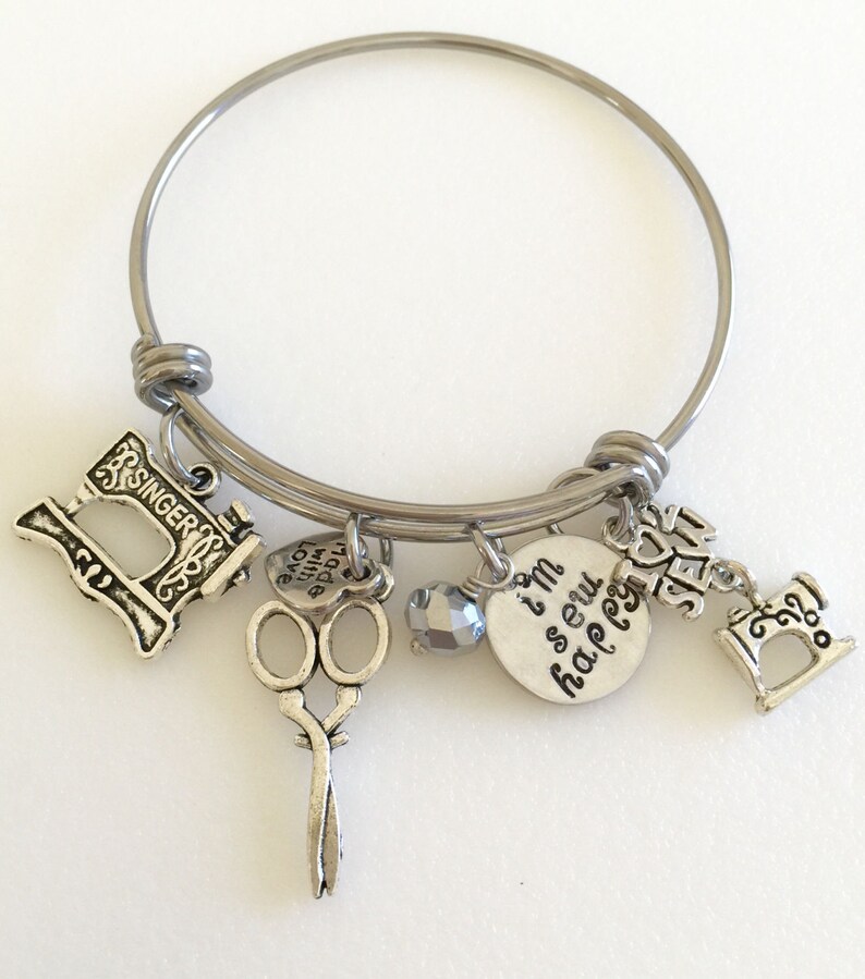 Sewing Bangle, Sewing Charm Bracelet, Love To Sew Bangle, Hand Stamped I'm Sew Happy, Sewing Machine, Sewing Gift, Custom, Stainless Steel image 2