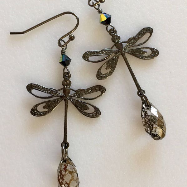 Black Crystal Dragonfly Earrings , Swarovski Black Patina Teardrops, Vintage Black Filigree Dragonfly, Woodland Earrings