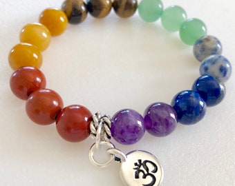 Chakra Bracelet, 7 Chakra Bracelet, Gemstone Chakra Bracelet, Yoga, Ohm Charm, Healing, Meditation, Energy, Stretch Bracelet