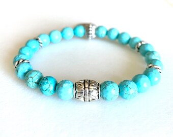 Turquoise Bracelet, Aqua Blue Turquoise, Silver Pewter, Dragonfly Bracelet, Boho, Stretch Bracelet