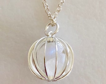 Moonstone Cage Necklace, Genuine Rainbow Moonstone, June Birthstone, Raw Gemstone Nugget, Sterling Silver