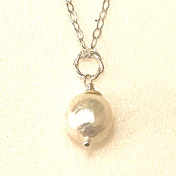 White Kasumi Pearl Pendant, Large Creamy White Freshwater Kasumi Pearl, Chinese Kasumi Pearl, Baroque, June Birthstone, Sterling Silver.