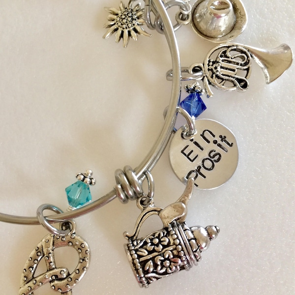 Oktoberfest Bangle Bracelet, German Charm Bracelet, Beer Lovers, Hand Stamped Drinking Charm, Beer Stein, Pretzel, Tyrolean Hat, Adjustable