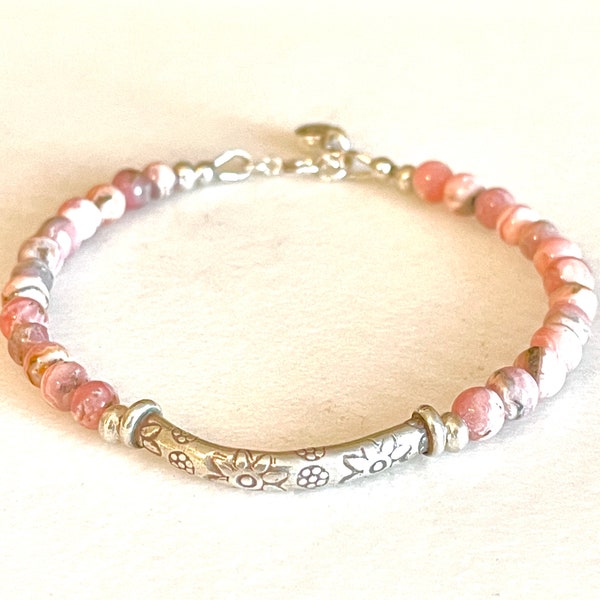 Rhodochrosite Pink Bracelet, Self Love, Anxiety, Heart Chakra, Healing Gemstone, Karen Hill Tribe Fine Silver, Sterling Silver