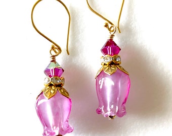 Pink Tulip Earrings, Rose Pink Lampwork Tulips, Artisan Handmade Lampwork, Valentine’s, Mother’s Day, Gold Vermeil, Sterling Silver