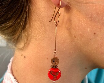 Red Bird Earrings, Coral Red Czech Glass, Glass Earring Dangle, Rustic Red Bird, Boho Earrings