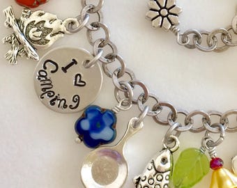 Camping Charm Bracelet, "I Love Camping", Wildflower Bracelet, Summer Camp, Tent, RV, Fishing, Canoe, Outdoor Lover, Hand Stamped