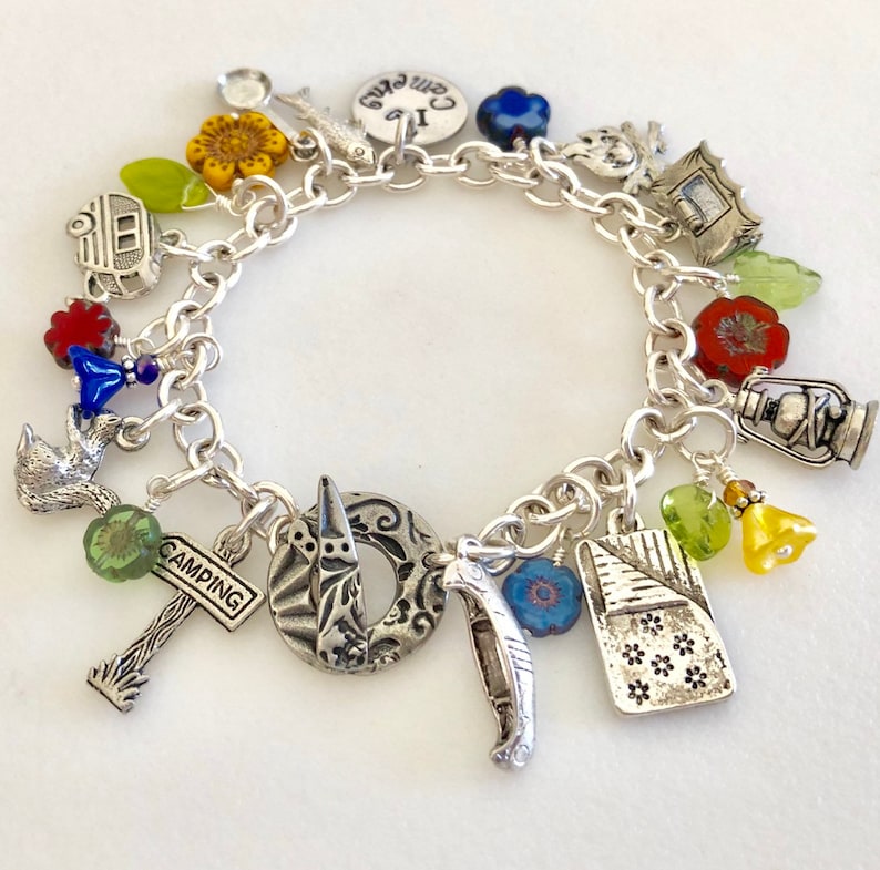 RV I Love Camping Pewter Camping Charm Bracelet Nature Wildflower Bracelet Summer Camp Canoe Outdoor Lover Tent Fishing