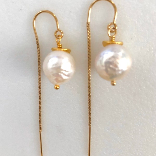 Pearl Threader Earrings, Chinese Kasumi Pearls, Creamy White Freshwater Pearls, Valentines Gift, Bridal, Gold Fill, Sterling Silver
