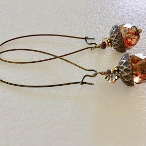 Acorn Earrings, Crystal Golden Czech Glass, Golden Red Crystal Picasso, Antique Bronze Acorn Caps,Boho Vintage Bronze Hoops, Rustic Earrings