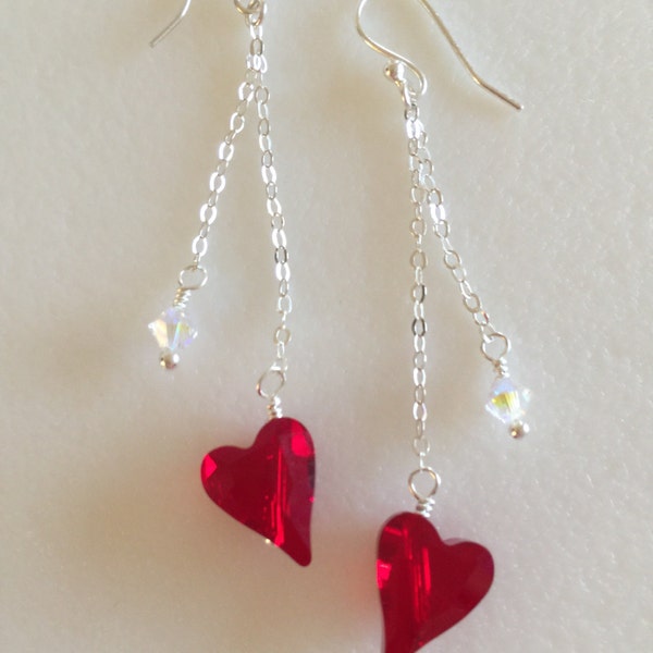 Valentine Heart Earrings. Red Swarovski Crystal Hearts, Sterling Silver Red Heart Dangles, Sweetheart Earrings, Red Heart Earrings