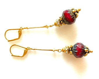 Dieprode Dangle Oorbellen, Premium Tsjechisch glas, Rustieke Picasso Kralen, Art Deco Goud Vermeil, Boho Lange Oorbellen