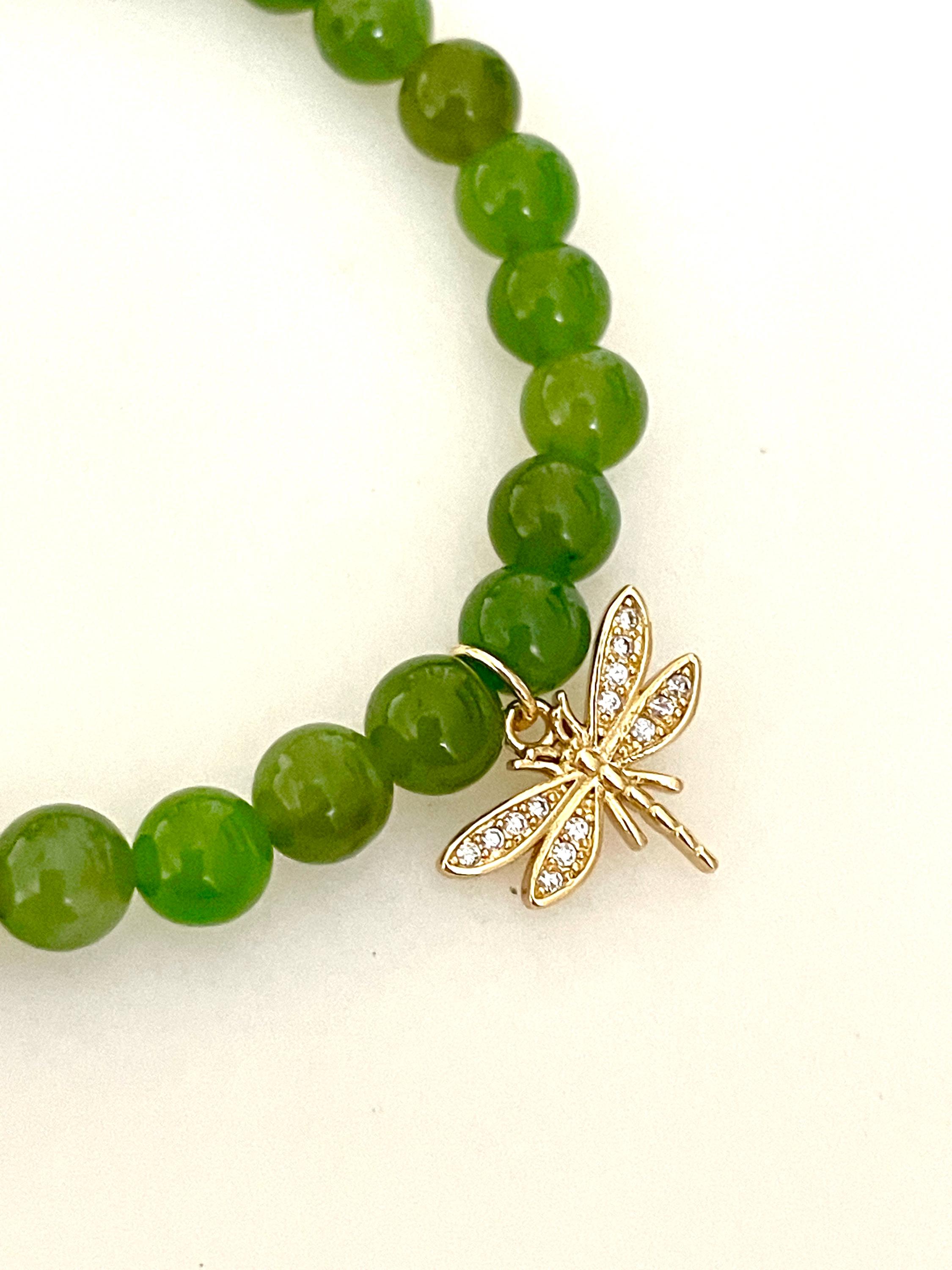 ユニドロブレスレット　グリーン系 グリーン ジェイド トンボ ブレスレット、天然カナダ産ジェイド