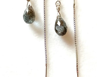 Moss Aquamarine Threader Earrings, AAA Moss Aquamarine Teardrops, U Style Box Chain Threader, Sterling Silver.