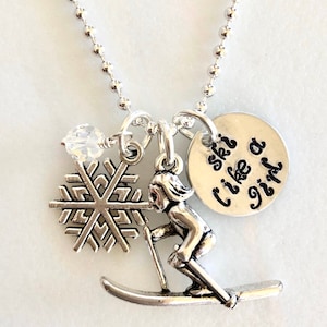 Ski Charm Necklace, Snow Skier Necklace, Hand Stamped &quot;Ski Like A Girl&quot;,  Skiing Necklace, Winter sports, Skier Gift, Ski Team Necklace