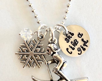 Ski Charm Necklace, Snow Skier Necklace, Hand Stamped "Ski Like A Girl",  Skiing Necklace, Winter sports, Skier Gift, Ski Team Necklace