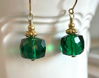 Emerald Threader Earrings, Green Emerald Cubes, Emerald Quartz Dangles, Bridal Jewelry, Holiday, Christmas, Gold Fill, Sterling Silver