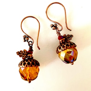 Acorn Earrings, Golden Brown Topaz Czech Glass, Antique Copper Acorn Caps, Copper Oak Leaves, Handmade French Ear Hooks,Woodland Earrings