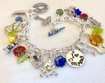 Pewter Camping Charm Bracelet, "I Love Camping", Wildflower Bracelet, Summer Camp, Tent, RV, Fishing, Canoe, Outdoor Lover, Nature