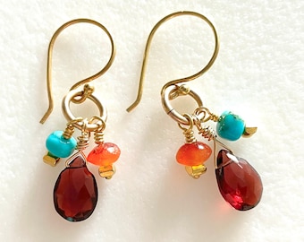 Garnet Turquoise Carnelian Earrings, Mozambique Red Garnet, Arizona Turquoise, Orange Carnelian, Multi Gemstone Dangle Earrings,Gold Vermeil