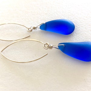 Deep Royal Blue Sea Glass Earrings, Cultured Blue Teardrops, Beach Earrings, Beach Glass, Seaside Jewelry, Sterling Silver